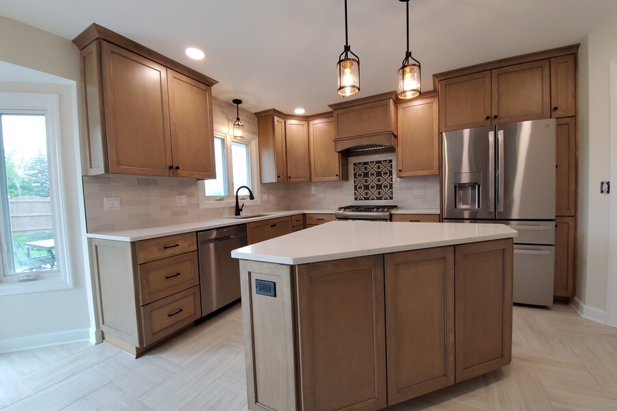 After: maple shaker kitchen with patterned tile