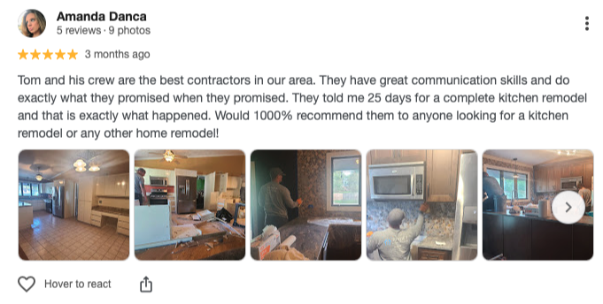 5-star Google review from Amanda Danca about a 25-day kitchen remodel